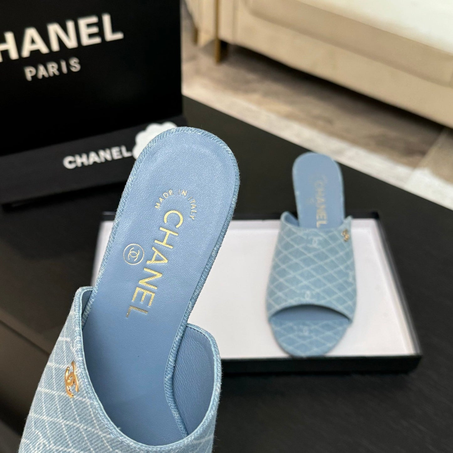 PEEP TOE MULE 55MM IN SKY BLUE DENIM CHECKERED AND LOGO