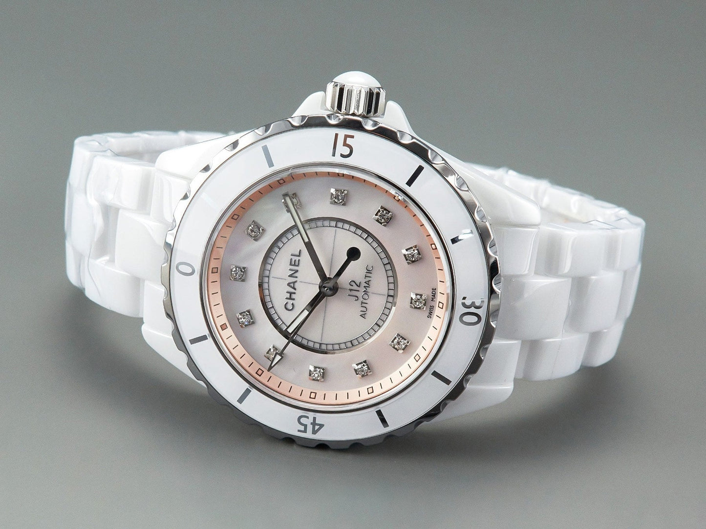 J12 Automatic White Ceramic Diamond Numerals Pink Mop Dial