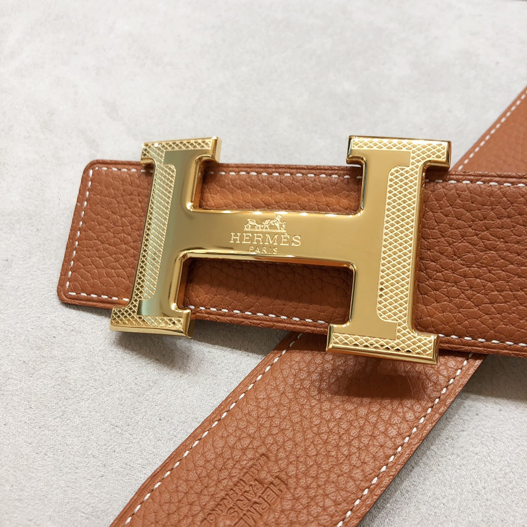 HM H D'ANCRE BELT BUCKLE & REVERSIBLE BLACK AND BRONZE BROWN LEATHER STRAP 38 MM GOLD HARDWARE