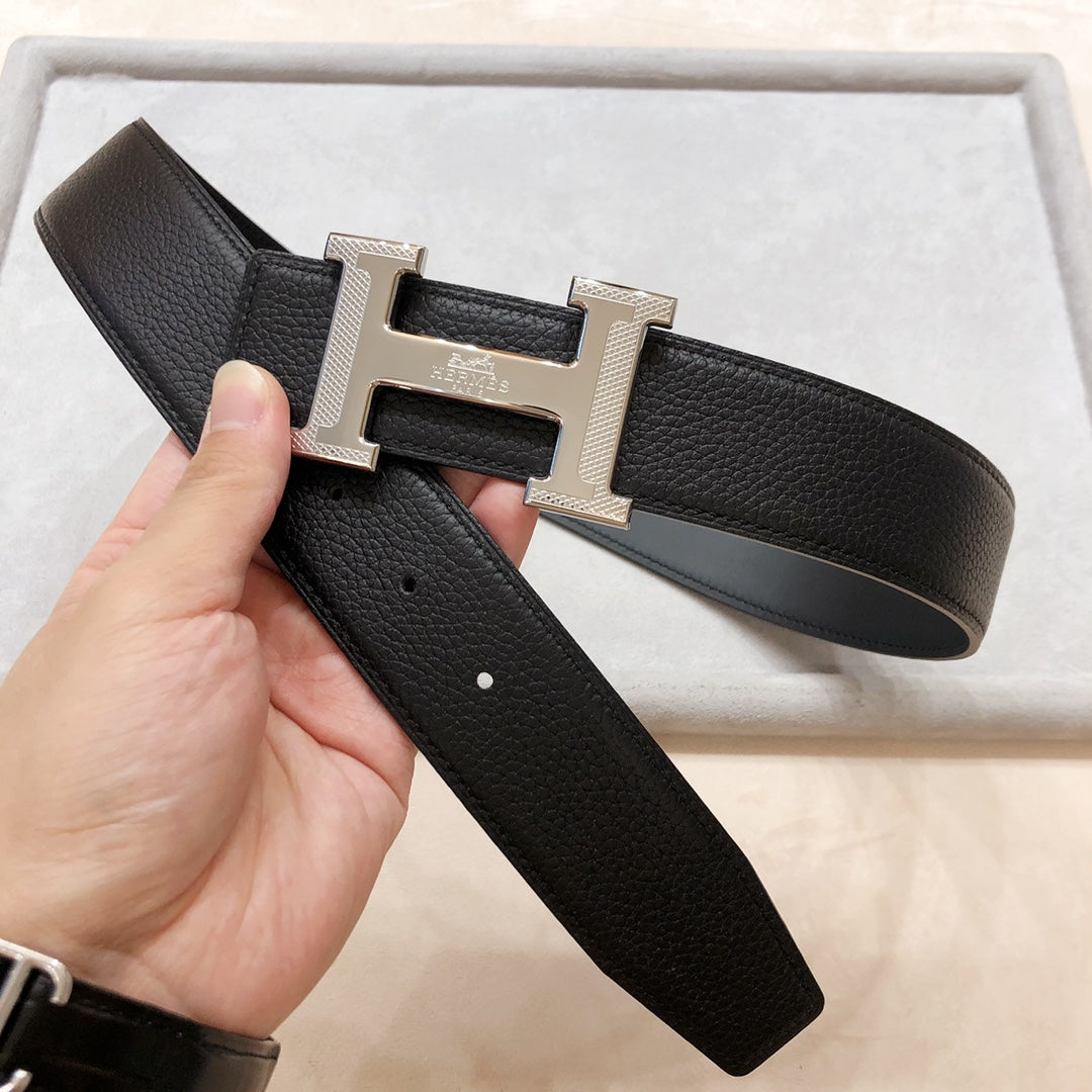 HM H D'ANCRE BELT BUCKLE & REVERSIBLE BLACK LEATHER STRAP 38 MM SILVER HARDWARE
