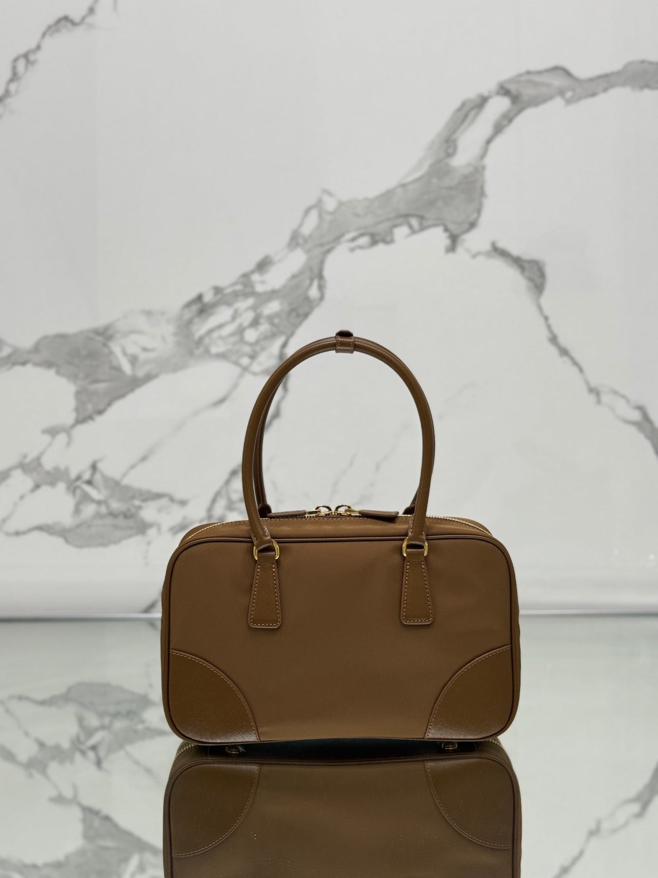 MEDIUM TOP HANDLE BAG 30 IN CHERRY WOOD NYLON AND CALFSKIN TRIM