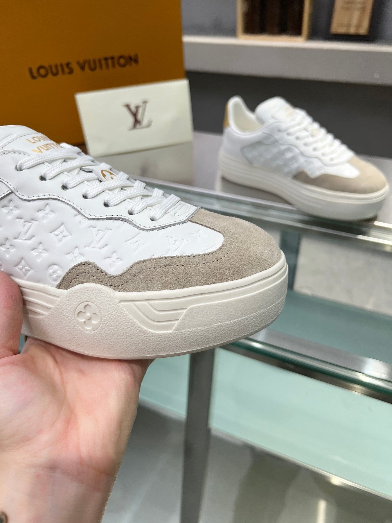 LV WOMEN GROOVY PLATFORM IN CAMEL BROWN SUEDE MIX WHITE EMBOSSED CALFSKIN