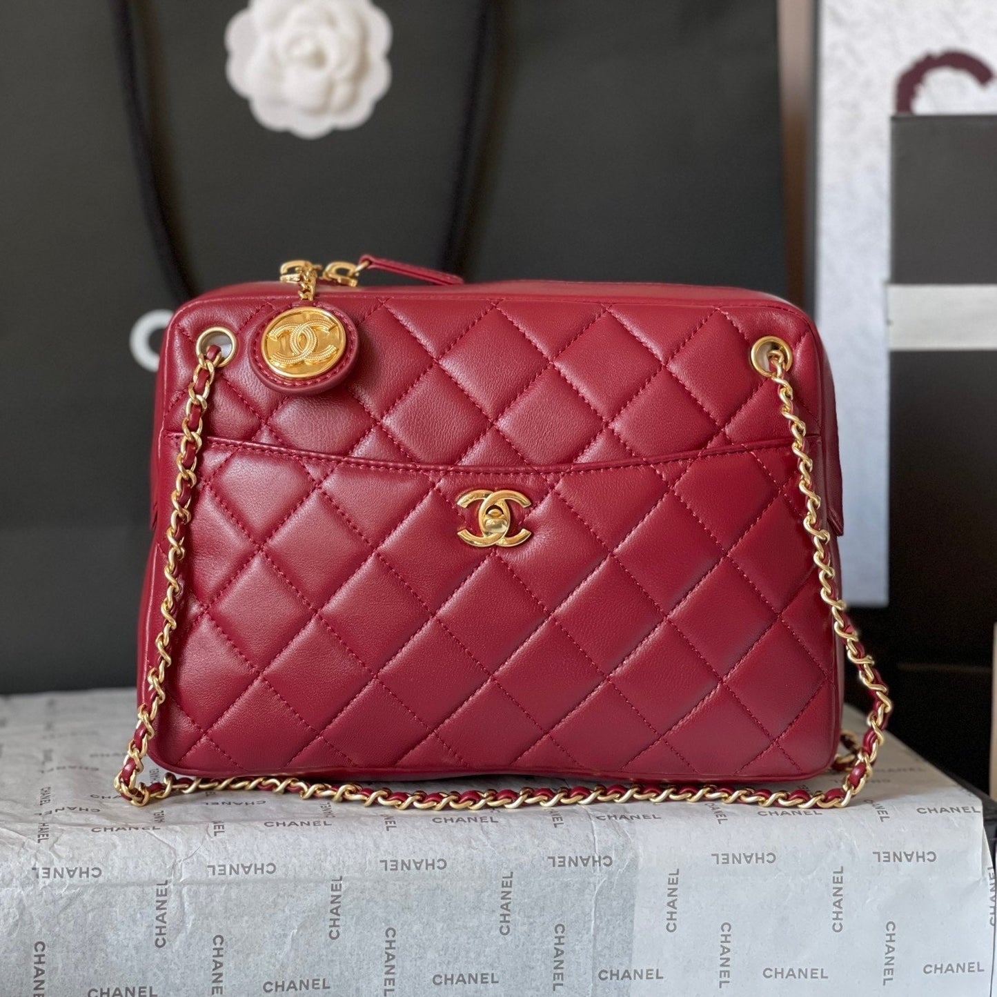 CAMERA BAG 24 IN RED QUILTED LAMBSKIN DOUBLE C GOLD COIN