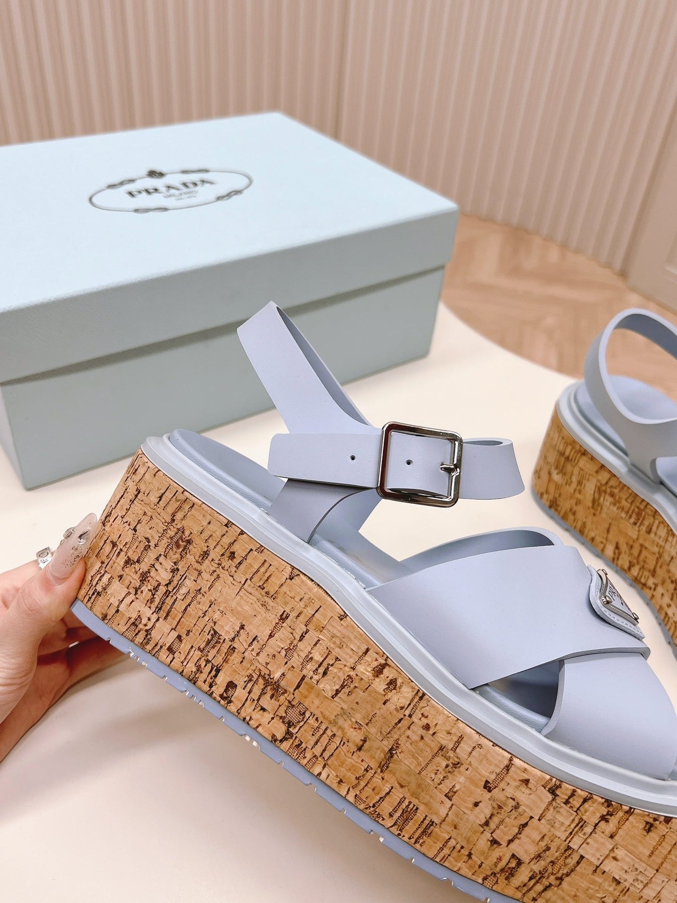 PRA WEDGE PLATFORM SANDALS SAPPHIRE CALFSKIN