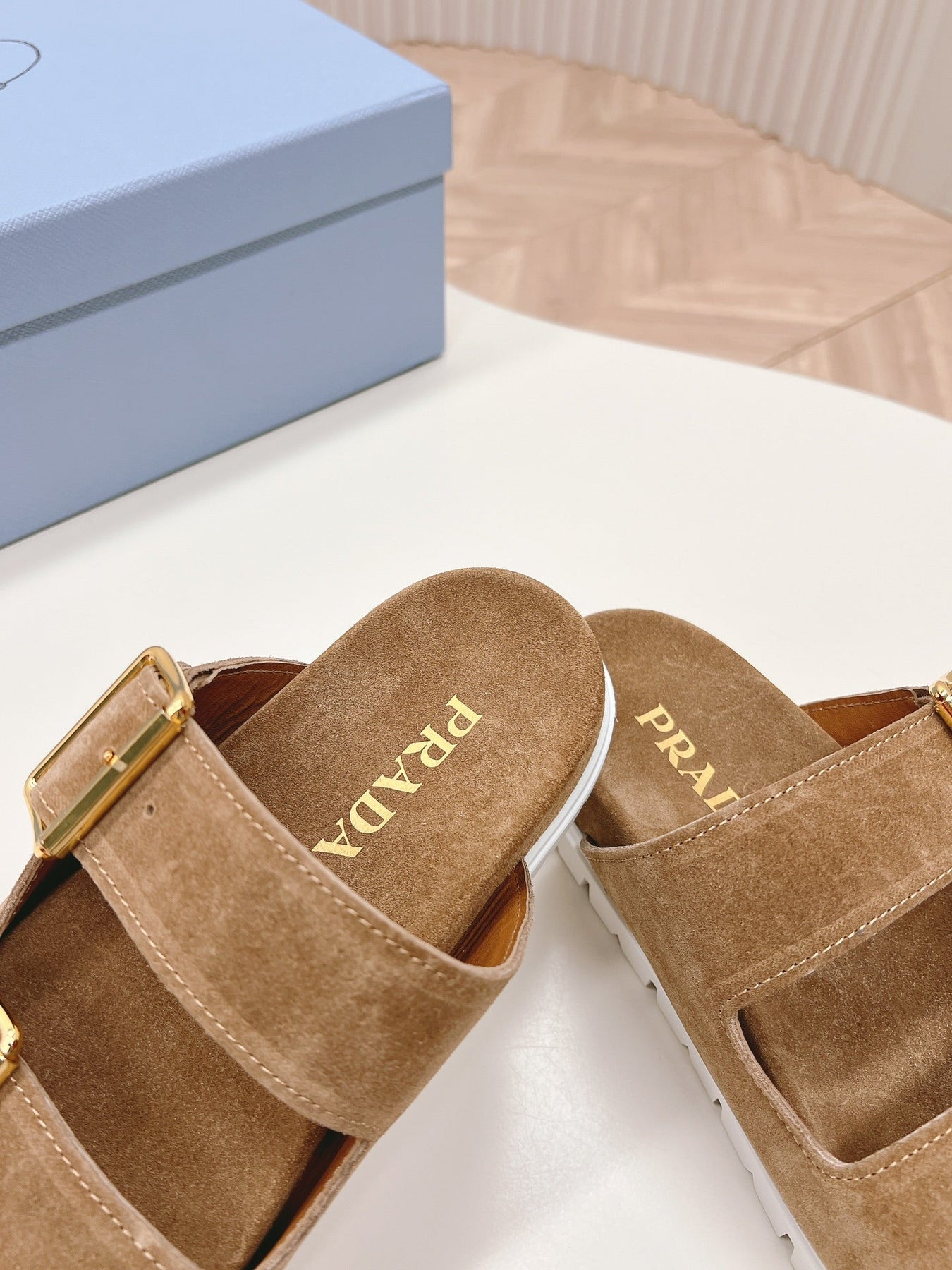 Double Buckle Strap Slides 20 Brown Suede