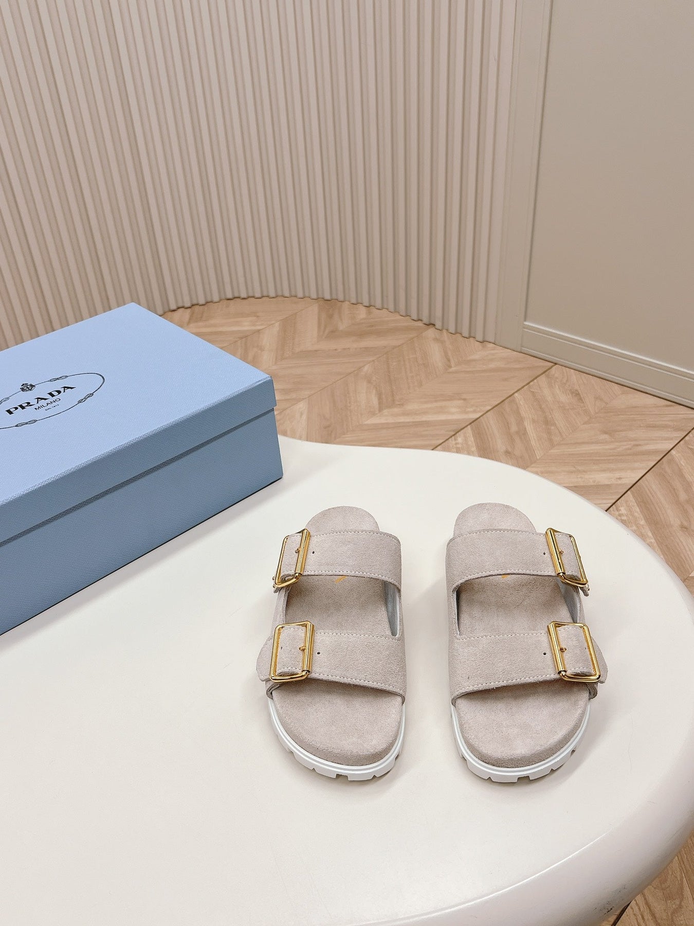 Double Buckle Strap Slides 20 Light Grey Suede