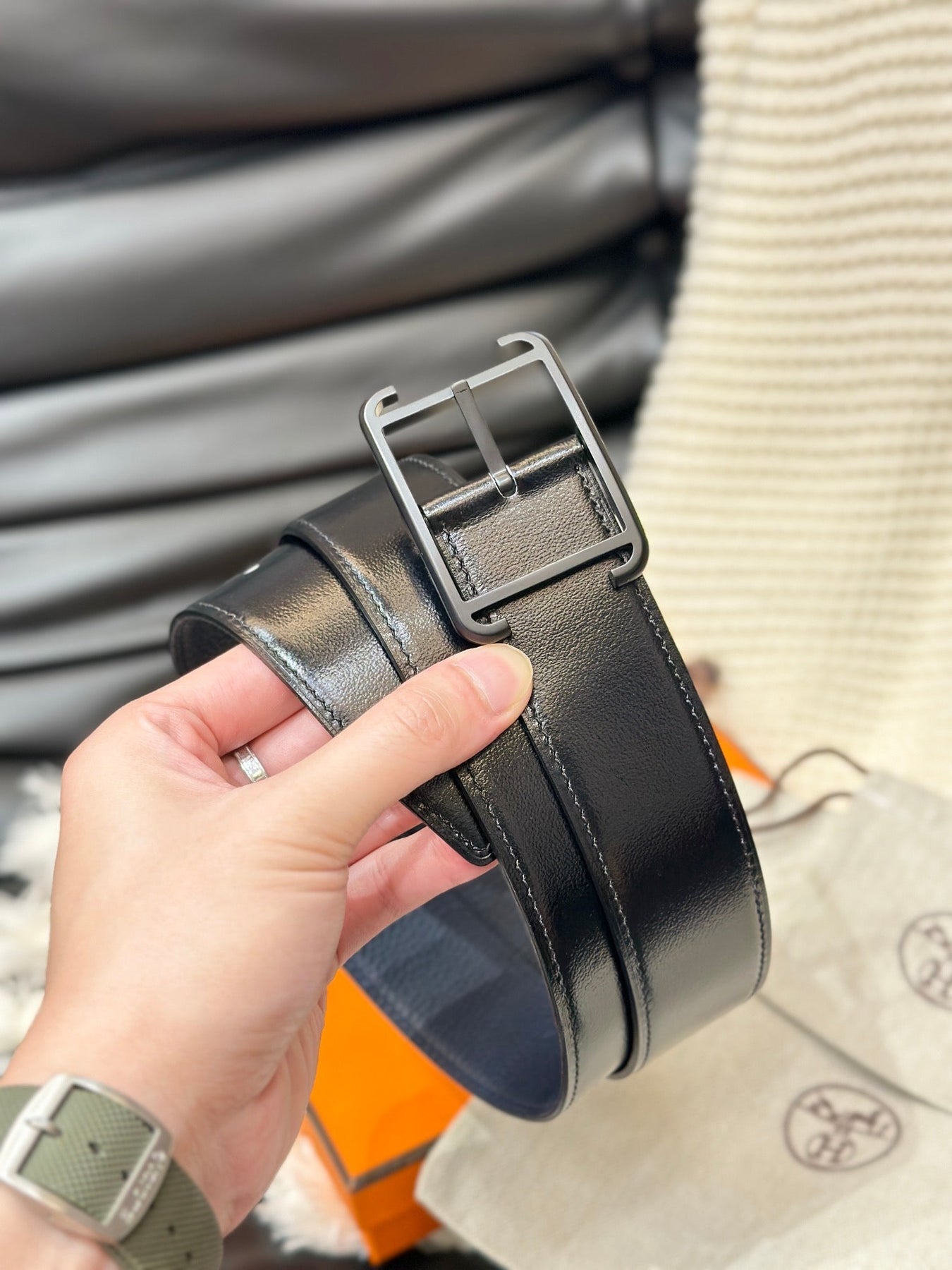 HM HADRIEN 38MM REVERSIBLE BELT NAVY BLUE AND BLACK LEATHER BLACK BUCKLE