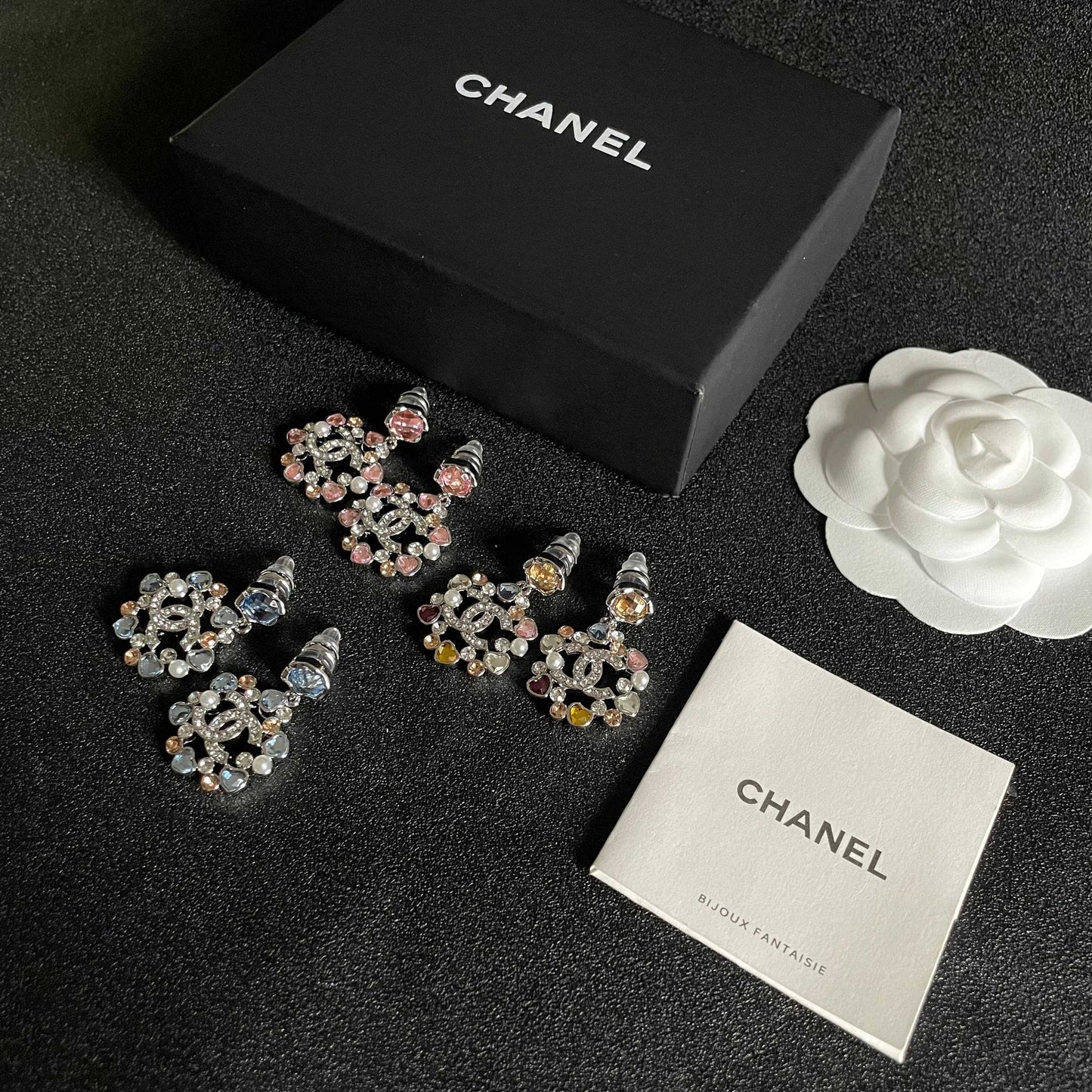 DOUBLE C STUD EARRINGS IN SILVER METAL WHITE PEARL GOLD AND BLUE STONES