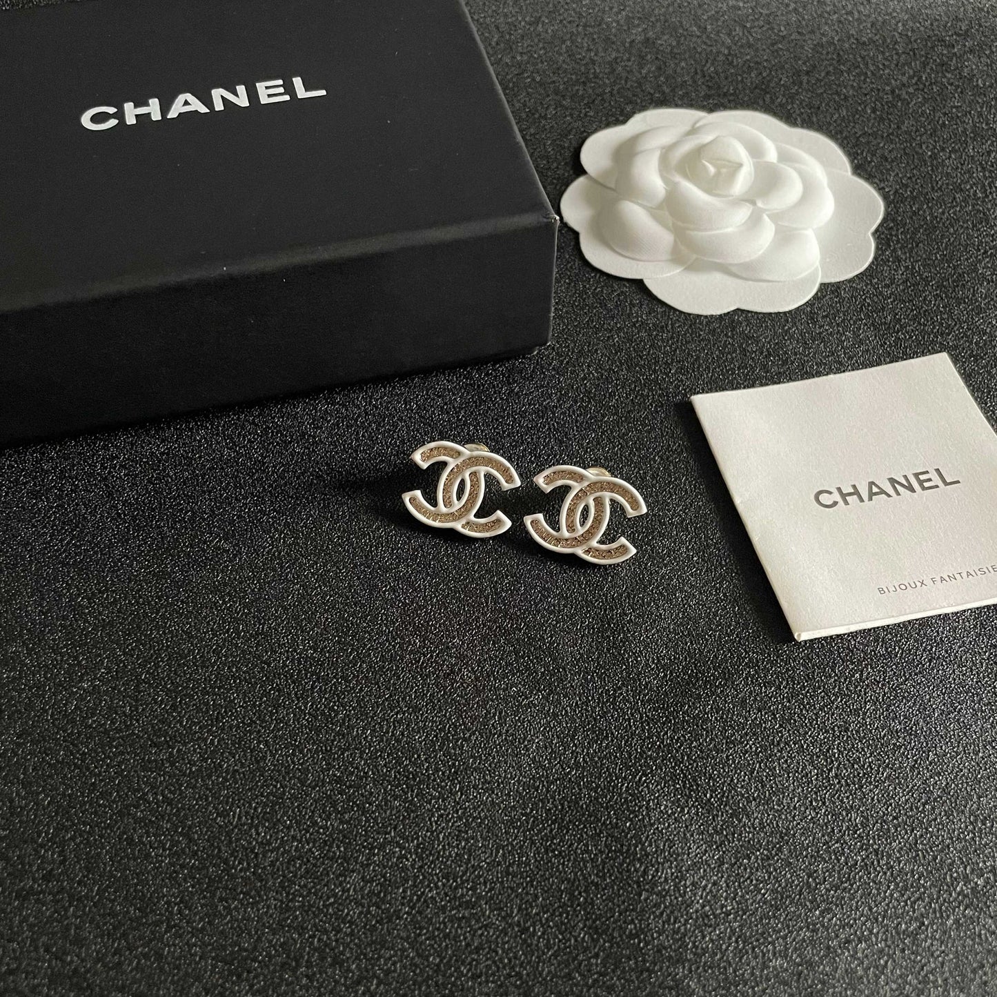 DOUBLE C STUD EARRINGS WITH WHITE TRIM AND CENTER STONE