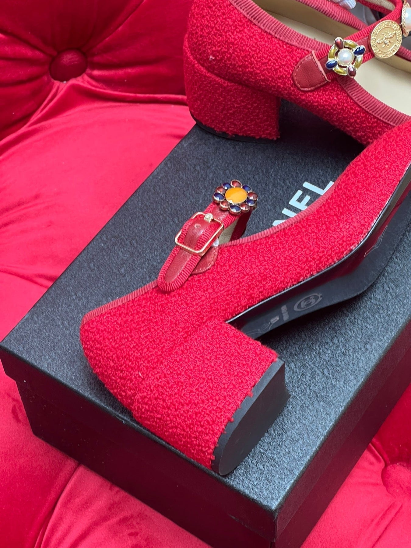 HIGH MARY JANE SHOES CHERRY RED WOOL TWEED
