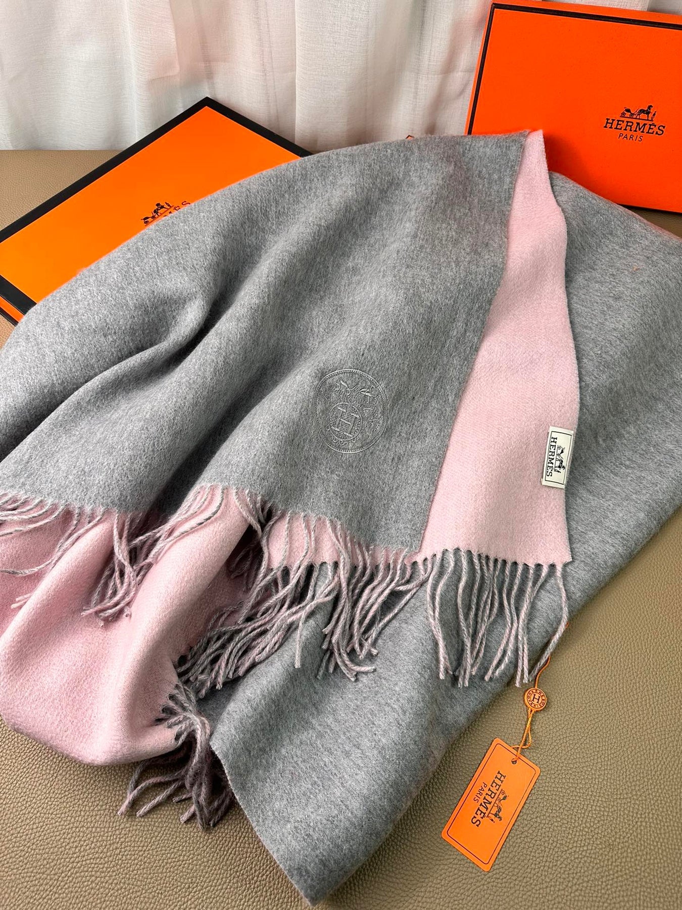 DOUBLE-FACE SCARF 200 CM IN LIGHT PINK AND GREY CASHMERE