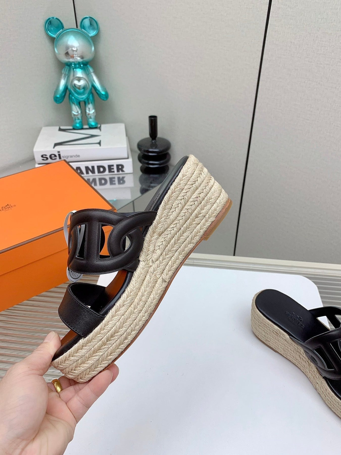 ITHEA 85 MM ESPADRILLE IN BLACK CALFSKIN