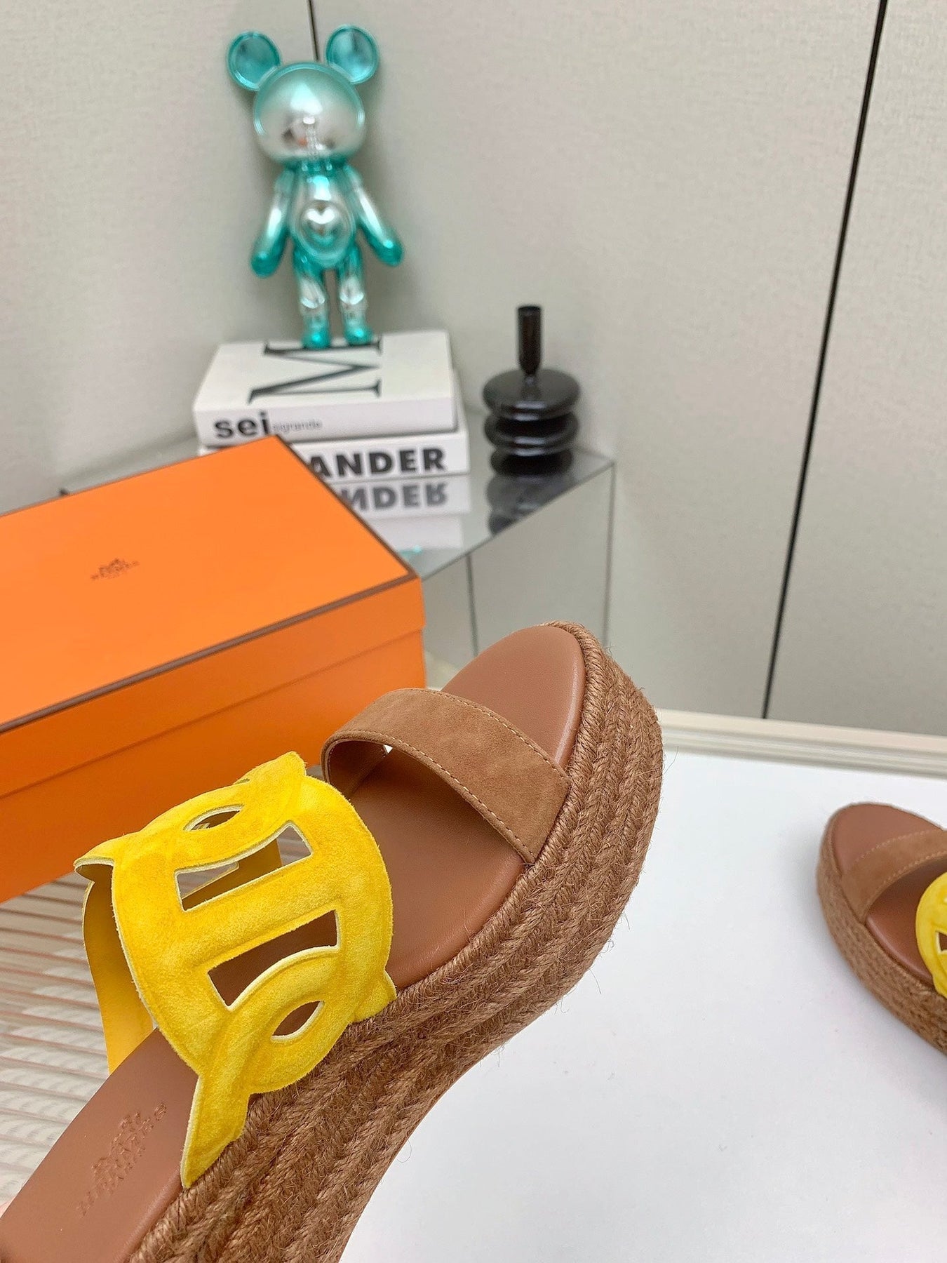 ITHEA 85 MM ESPADRILLE IN BRONZE BROWN AND AMBER YELLOW SUEDE