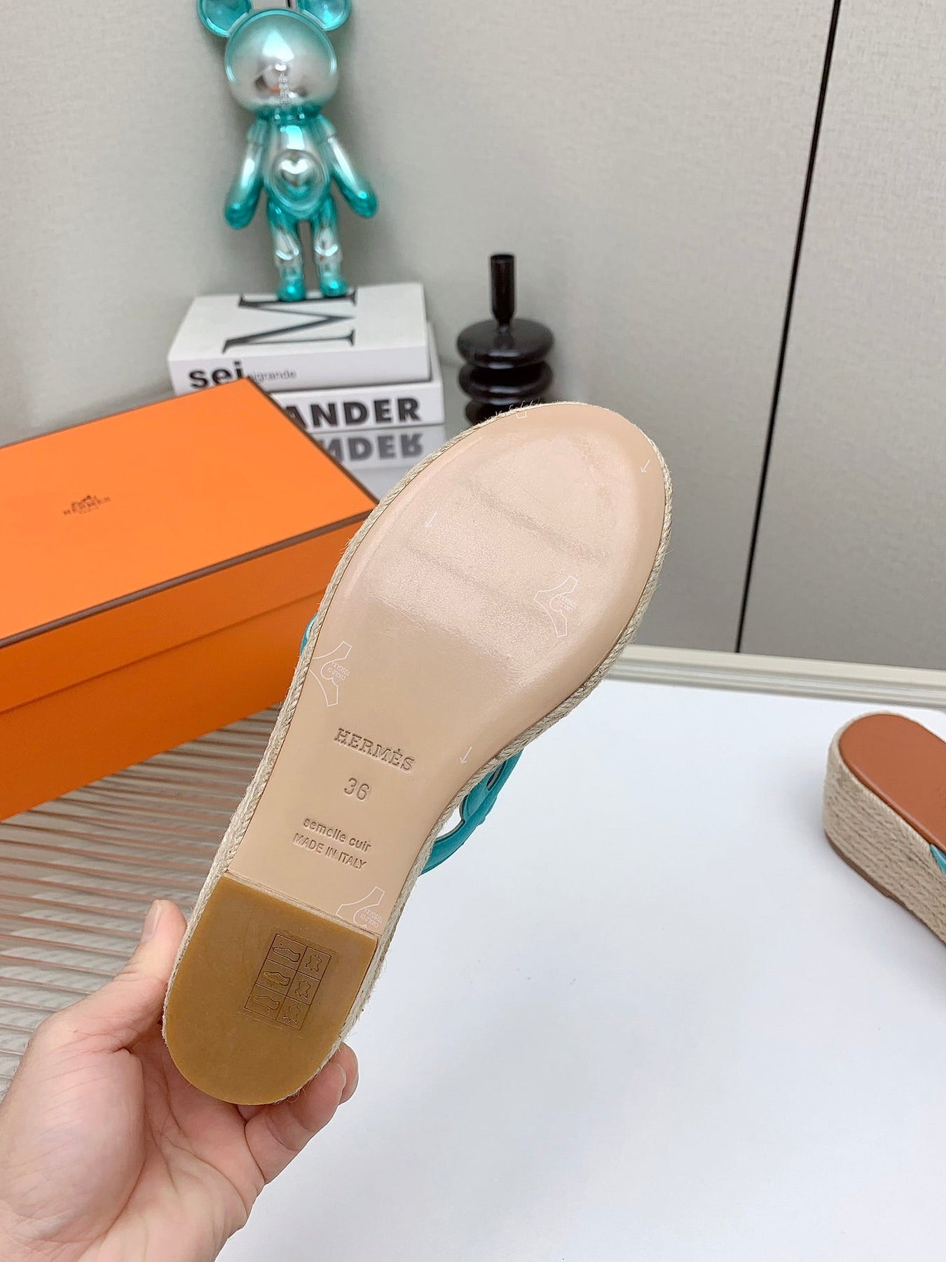 ITHEA 85 MM ESPADRILLE IN BRONZE BROWN AND CERULEAN BLUE SUEDE