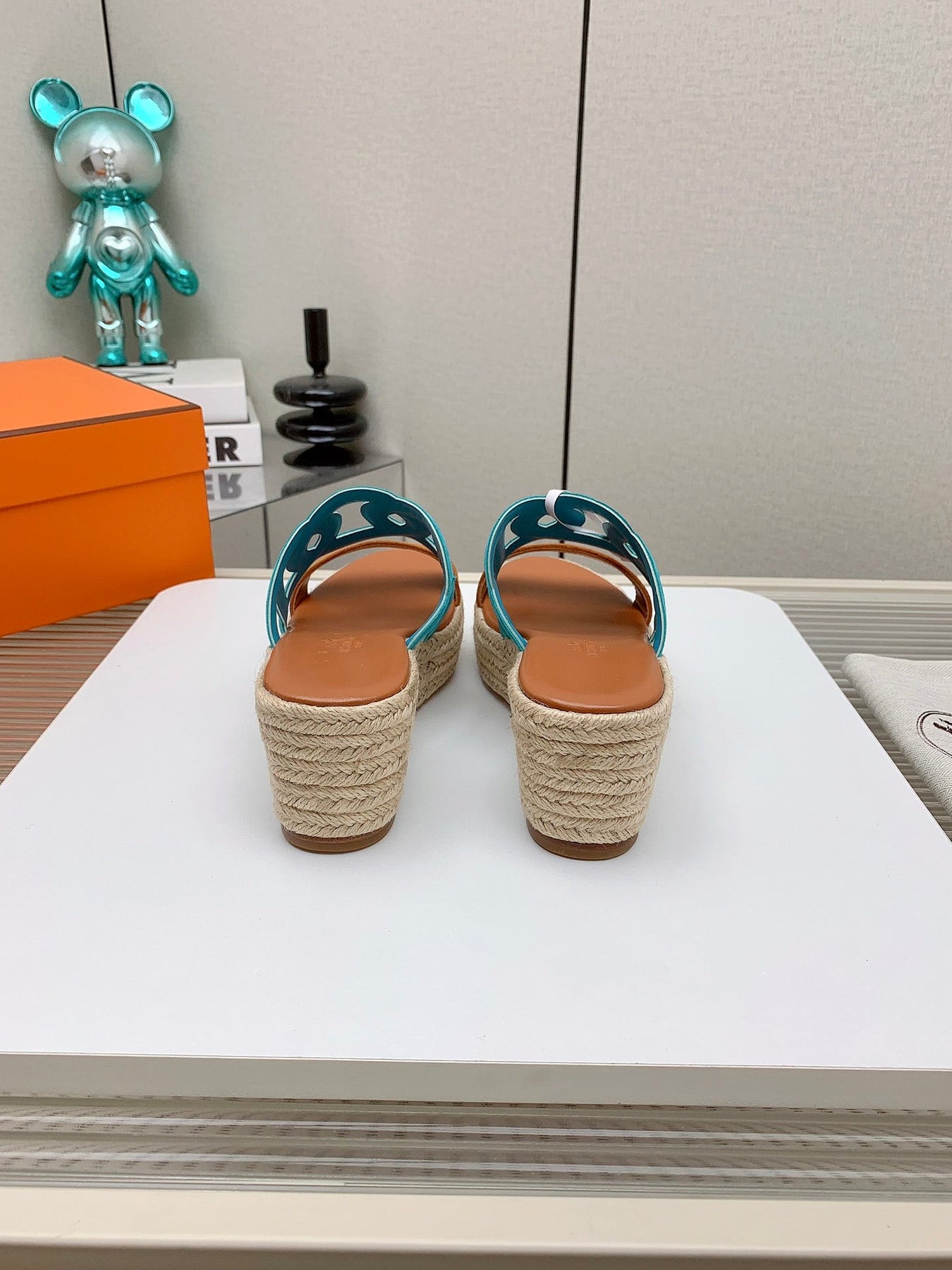 ITHEA 85 MM ESPADRILLE IN BRONZE BROWN AND CERULEAN BLUE SUEDE