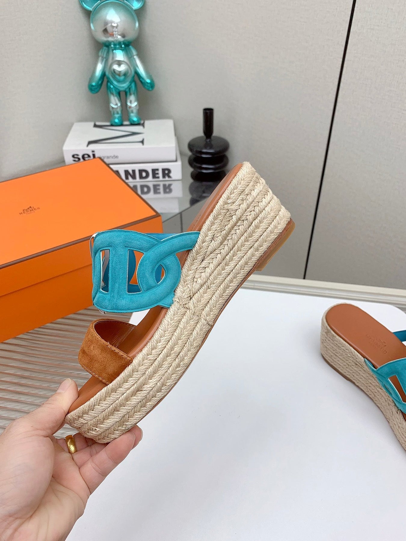 ITHEA 85 MM ESPADRILLE IN BRONZE BROWN AND CERULEAN BLUE SUEDE