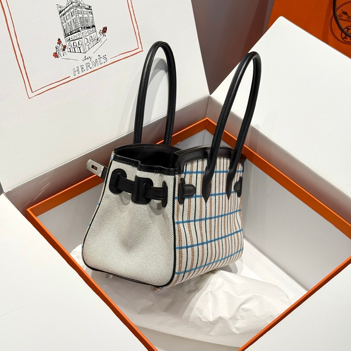 BIRKIN SHOULDER 29 IN BLACK CALFSKIN ÉCRU/NOIR/FAUVE/NOIR/BLEU ZANZIBAR EMBROIDERY PLAID CANVAS
