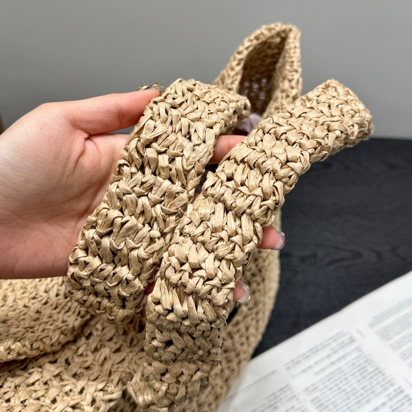 LARGE TOTE BAG 41 IN BEIGE MIX BLACK WOVEN RAFFIA