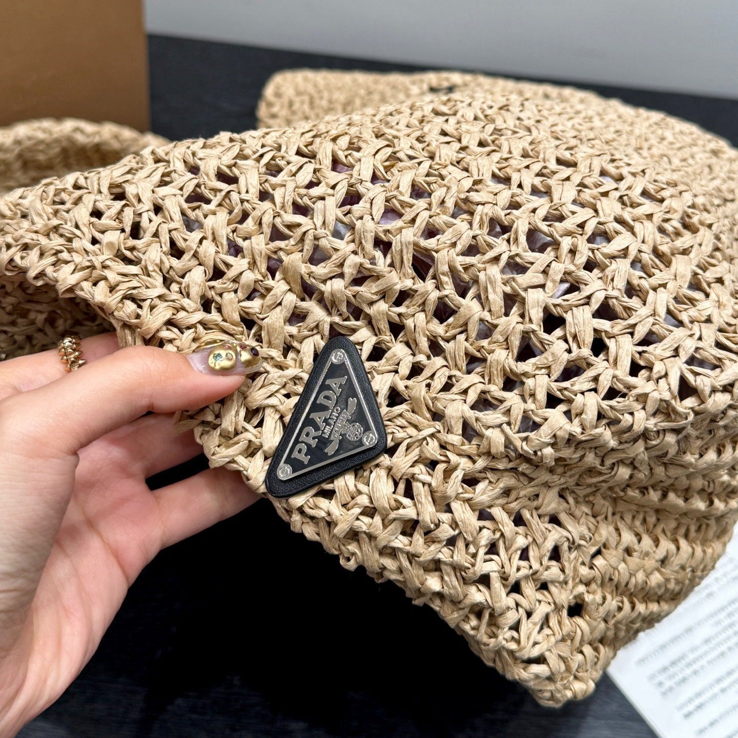 LARGE TOTE BAG 41 IN BEIGE MIX BLACK WOVEN RAFFIA