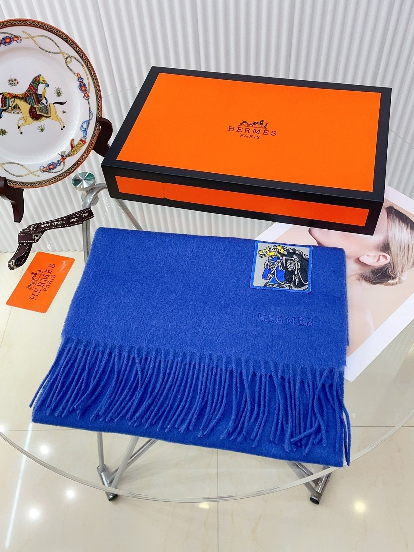BADGES SOIE MUFFLER 180 CM SCRAF IN COBALT BLUE CASHMERE