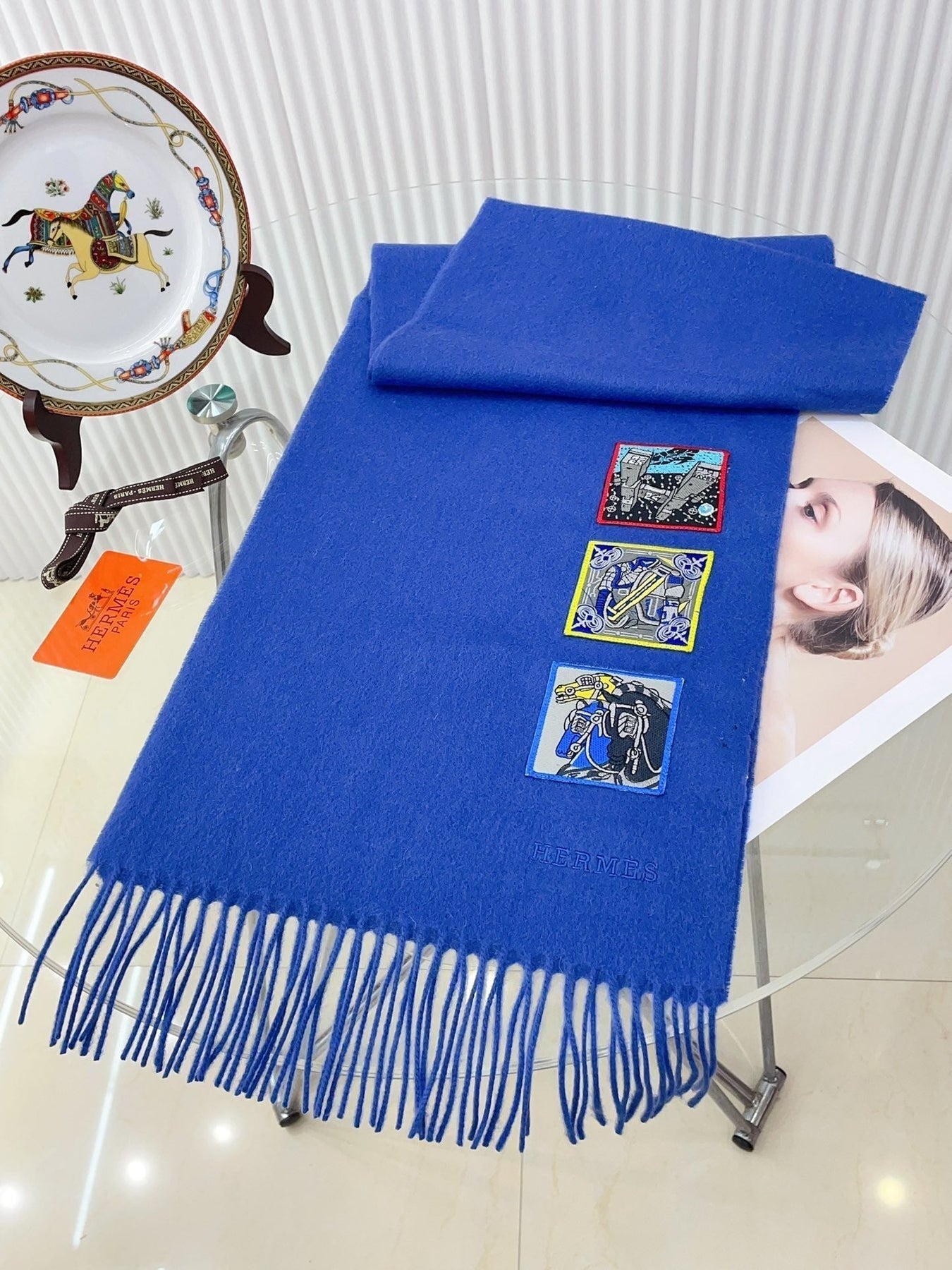 BADGES SOIE MUFFLER 180 CM SCRAF IN COBALT BLUE CASHMERE