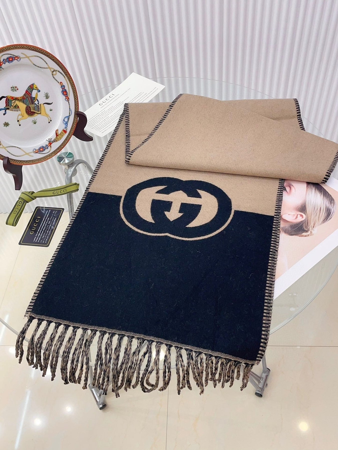 CAMEL BEIGE AND BLACK WOOL WITH INTERLOCKING G SCARF 200 CM