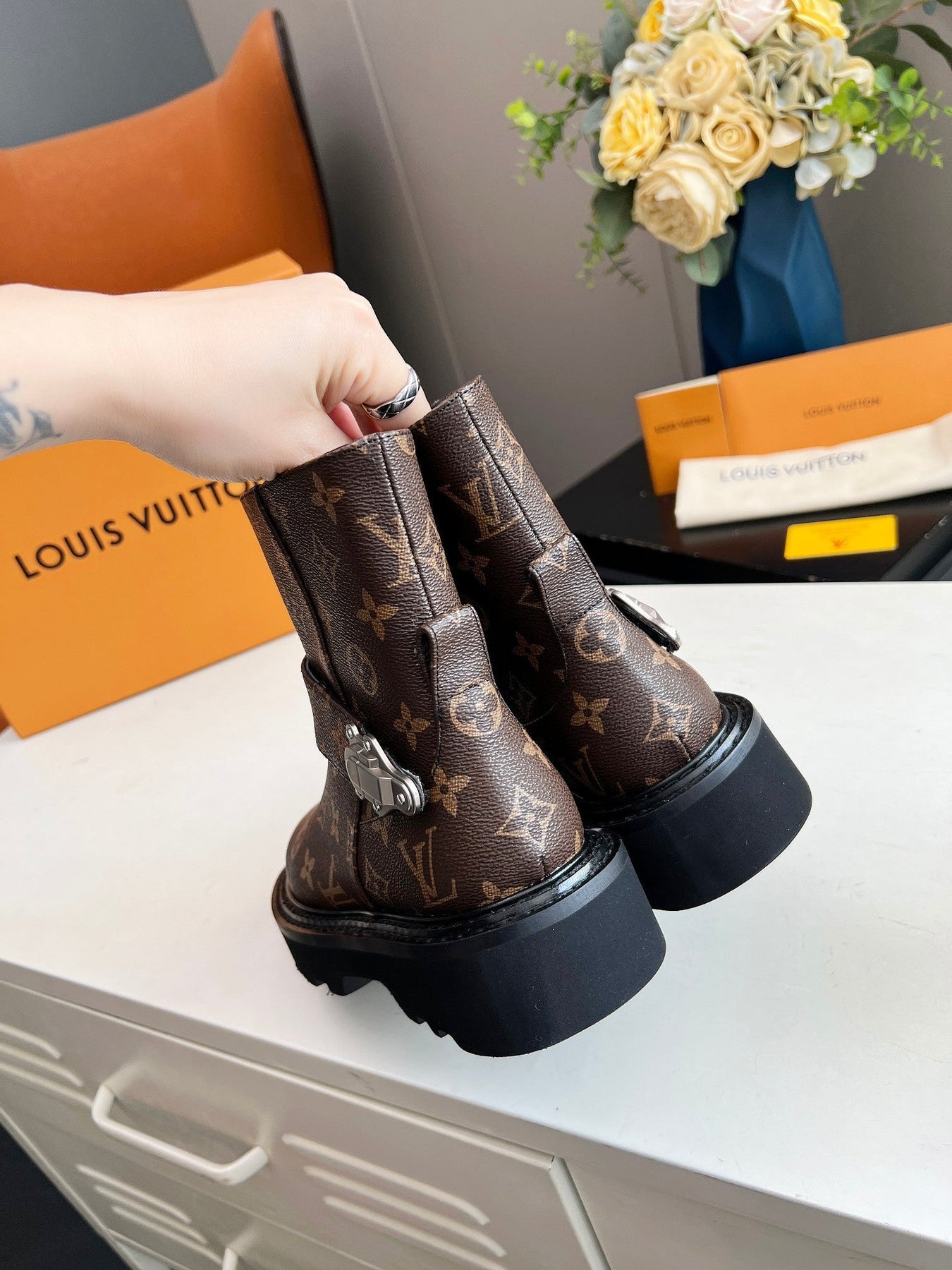 LV WOMEN'S BEAUBOURG ANKLE BOOT IN CACAO MONOGRAM CALFSKIN