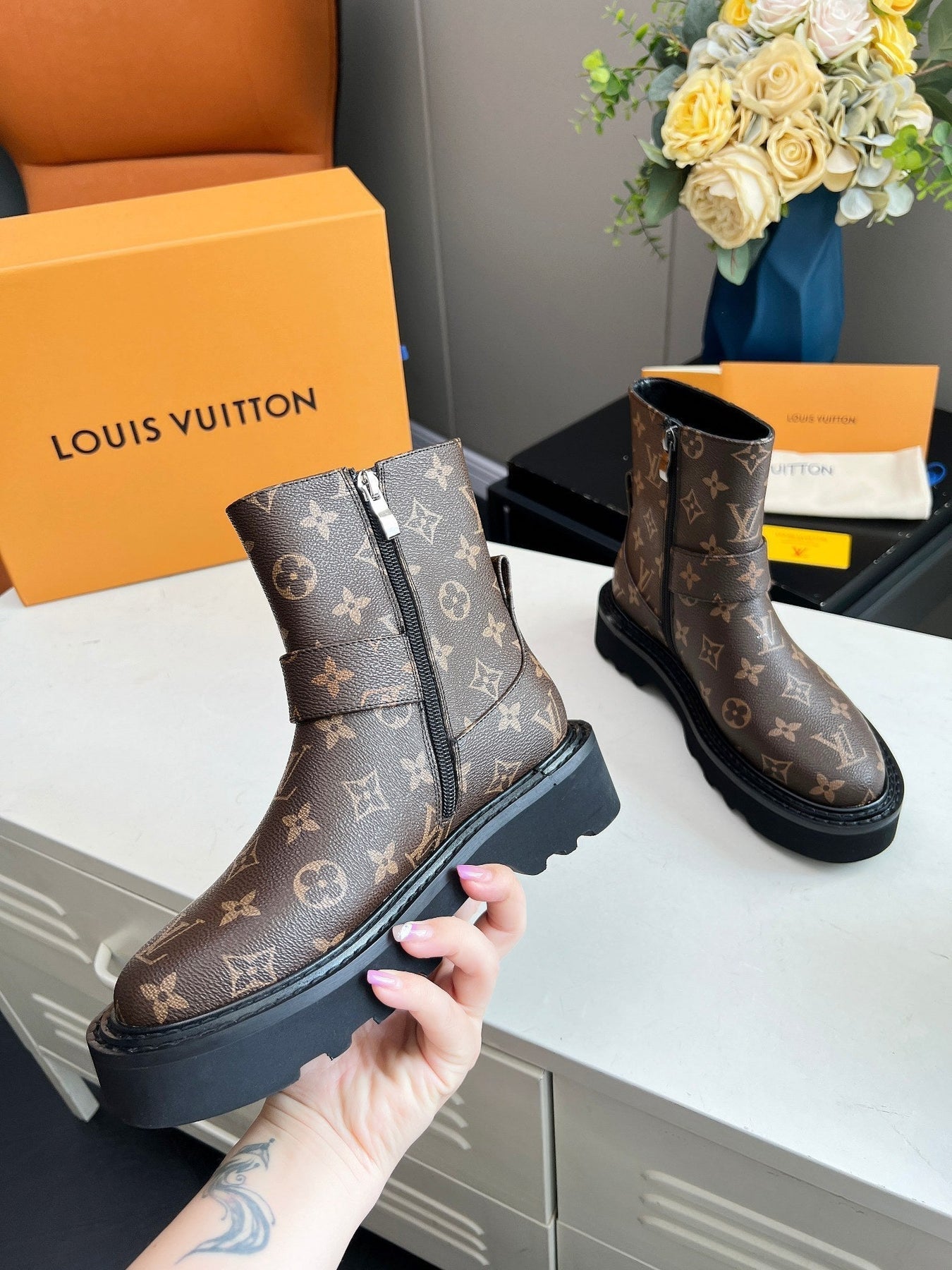 LV WOMEN'S BEAUBOURG ANKLE BOOT IN CACAO MONOGRAM CALFSKIN