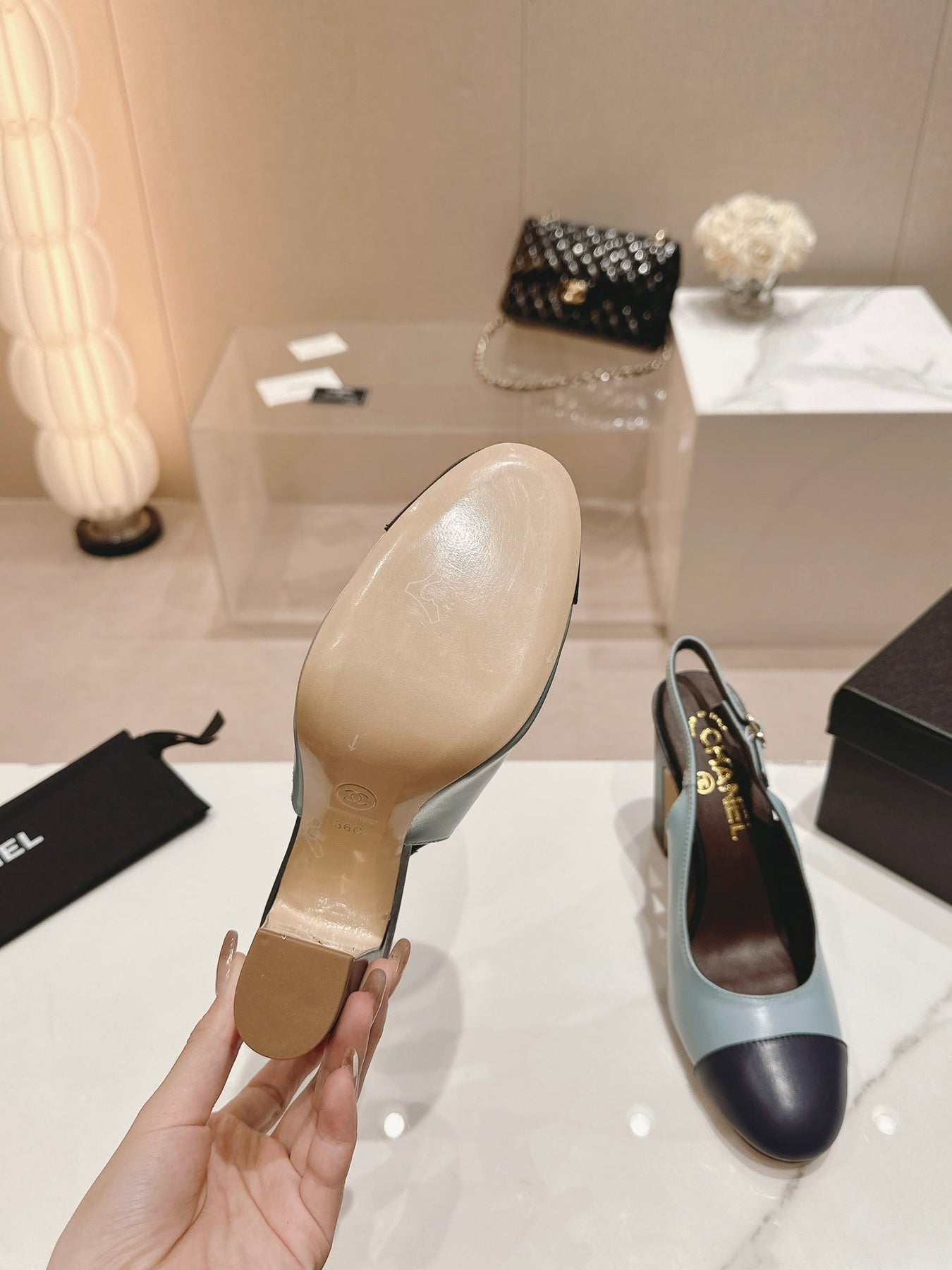 HIGH SLINGBACKS LIGHT BLUE MIX BLACK SHEEPSKIN