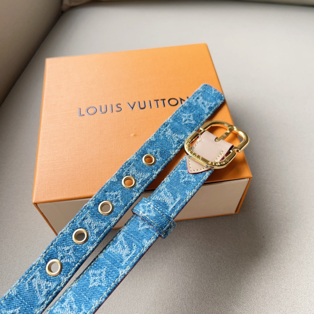LV 30MM BELT LIGHT BLUE MONOGRAM DENIM GOLD HARDWARE