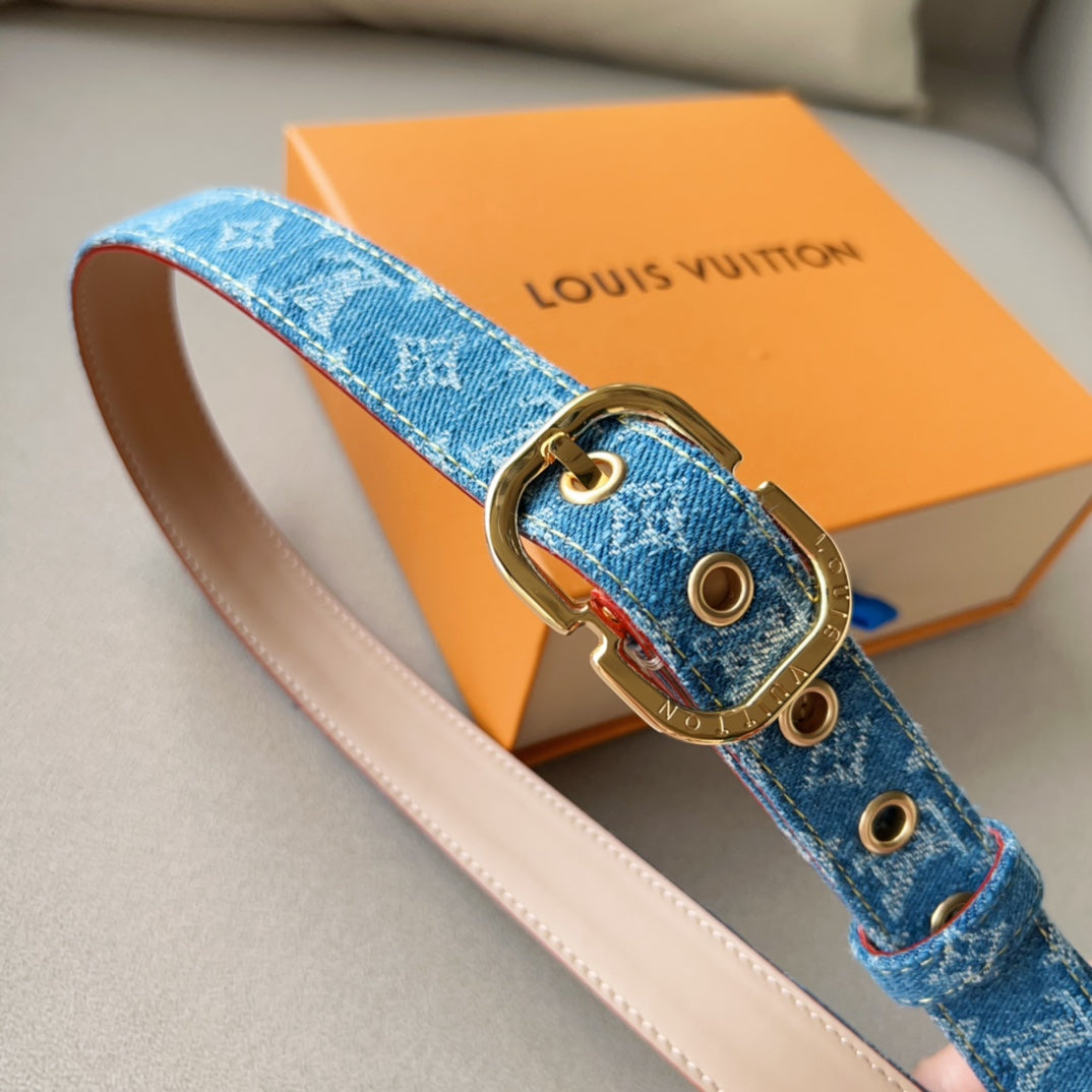 LV 30MM BELT LIGHT BLUE MONOGRAM DENIM GOLD HARDWARE