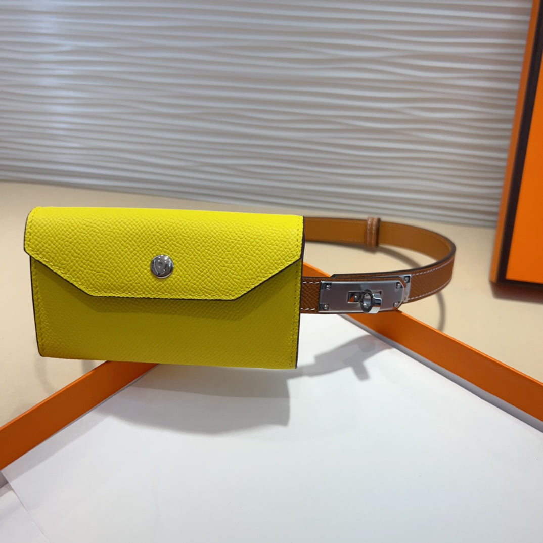 HM KELLY LEMON YELLOW POCKET 18MM BELT CINNAMON BROWN LEATHER SILVER HARDWARE