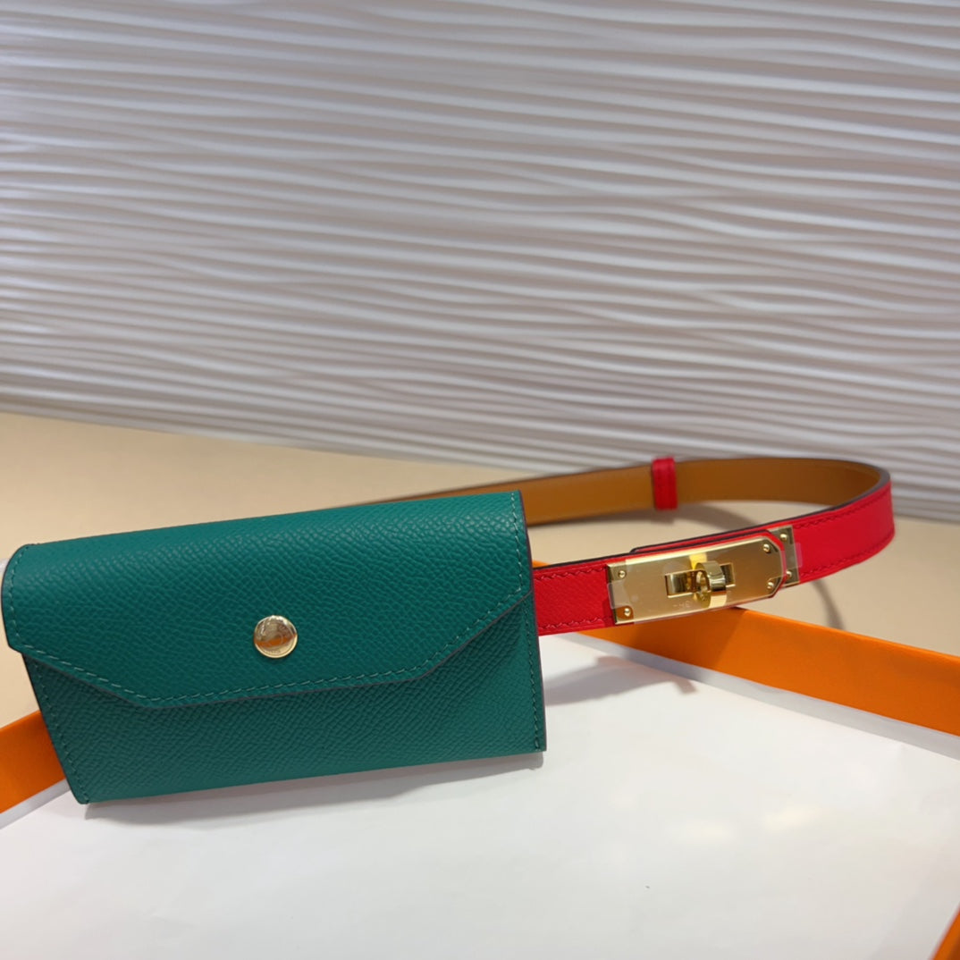 HM KELLY TEAL GREEN POCKET 18MM BELT CHERRY RED LEATHER GOLD HARDWARE