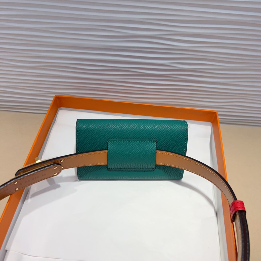 HM KELLY TEAL GREEN POCKET 18MM BELT CHERRY RED LEATHER GOLD HARDWARE