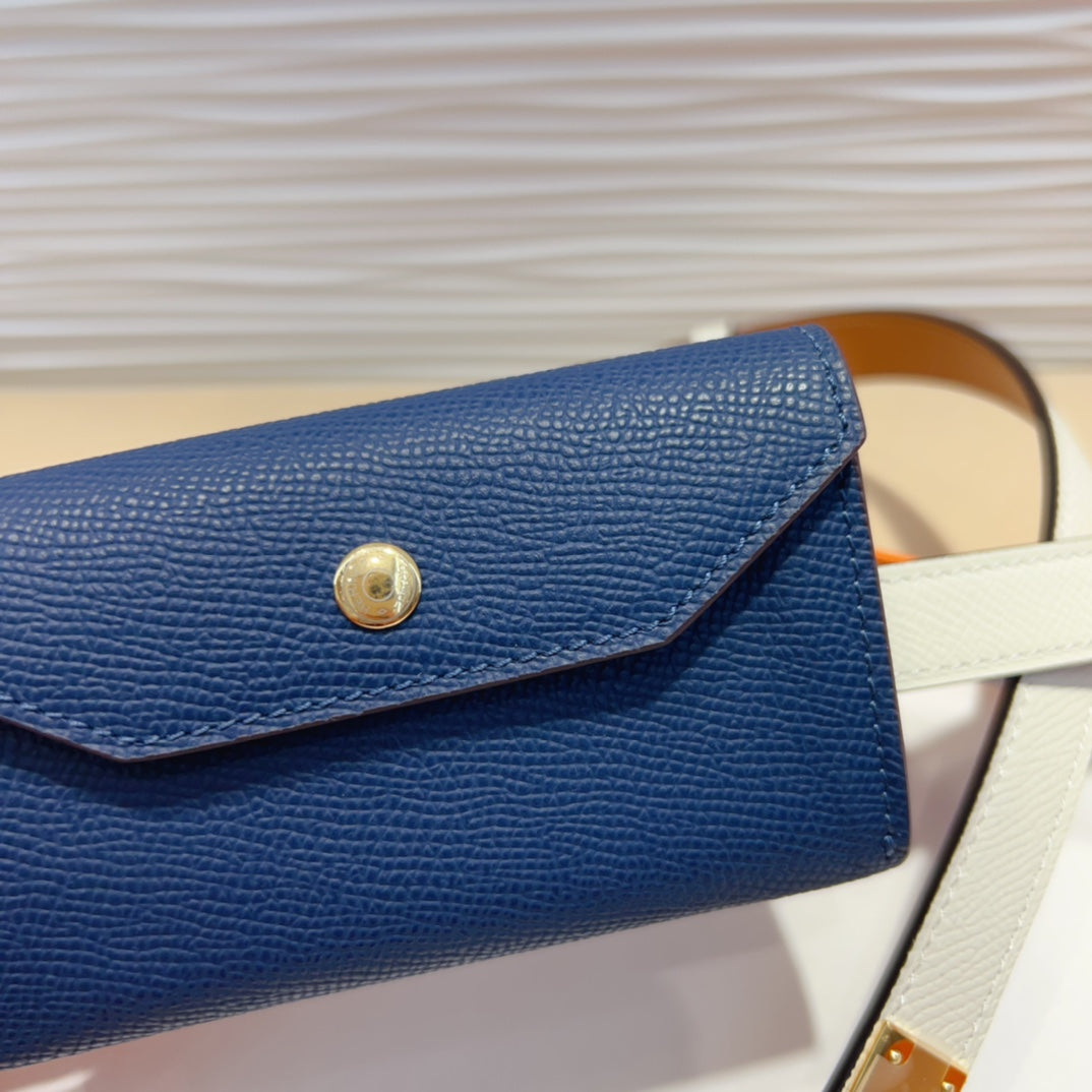 HM KELLY NAVY BLUE POCKET 18MM BELT WHITE LEATHER GOLD HARDWARE