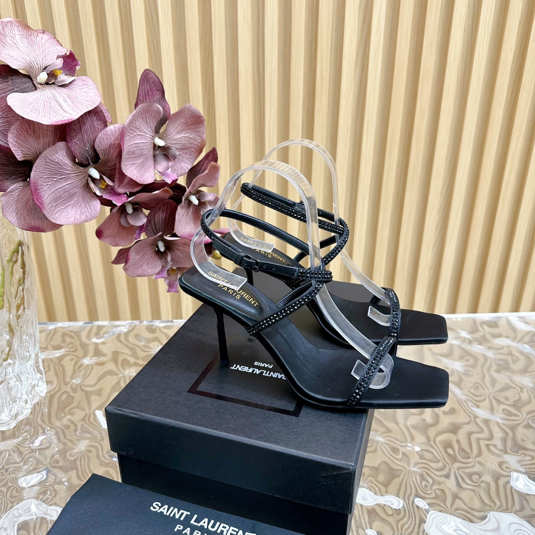 NUIT SANDALS 85 IN BLACK CREPE SATIN AND BLACK RHINESTONES