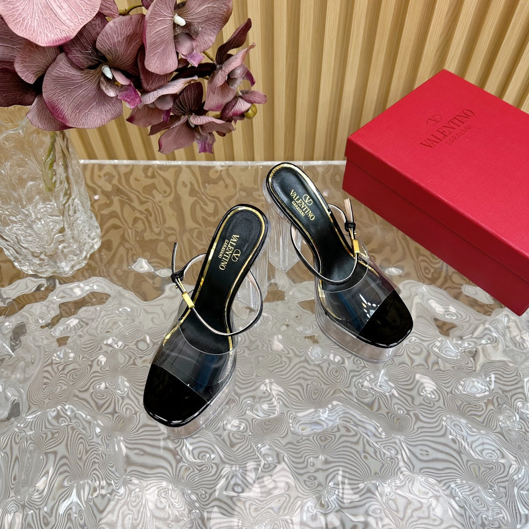 HIGH HEEL SANDAL 14CM IN BLACK CALFSKIN AND TRANSPARENT PVC