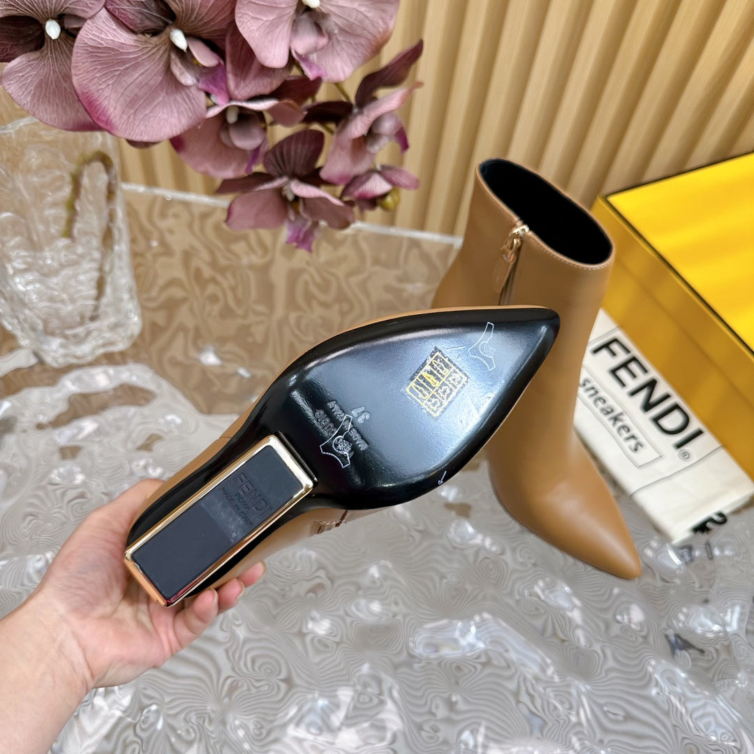 FENDI FIRST 80 MM BOOTS IN CIDER BROWN CALFSKIN WITH GOLD HARDWARE