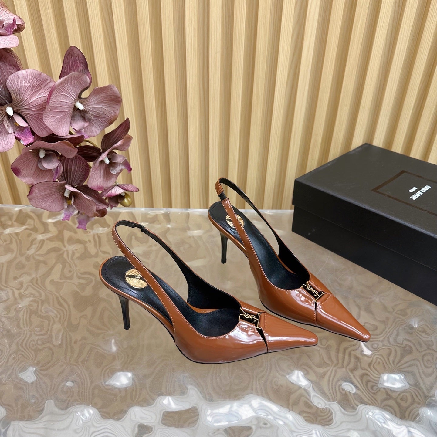 BABYLONE SLINGBACK PUMPS IN BRONZE ORANGE GLOSSY CALFSKIN