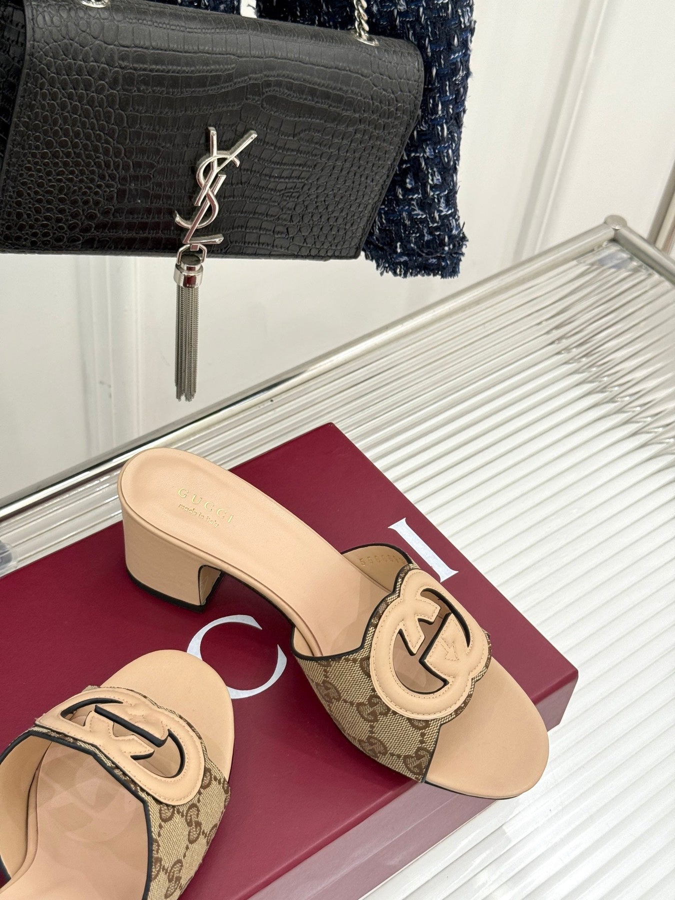 MID-HEEL MULE IN BEIGE CALFSKIN AND FABRIC