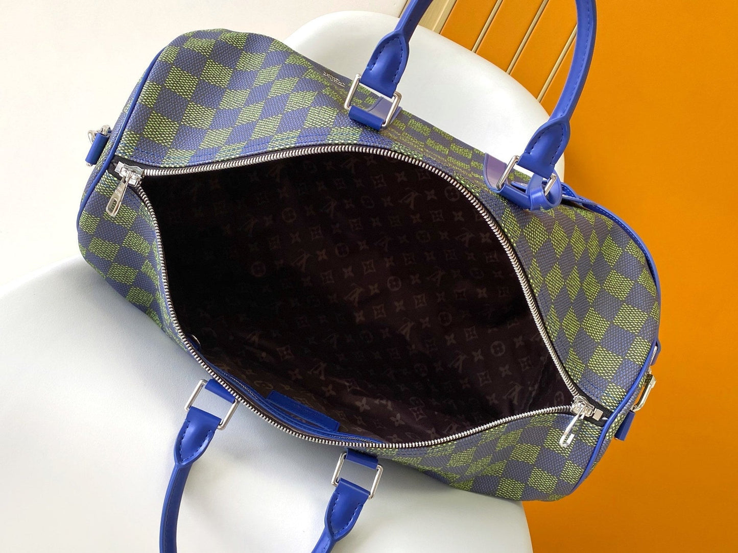 KEEPALL BANDOULIÈRE 50 IN BLUE GREEN DAMIER HERITAGE COATED CANVAS