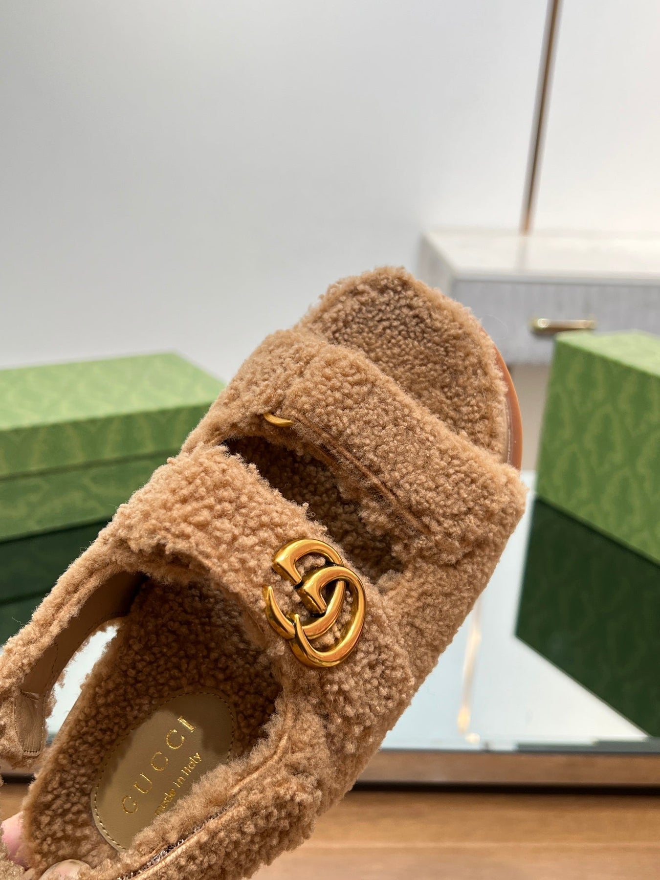 DAD SANDALS IN CIDER BROWN FLEECE WITH GOLD HARDWARE