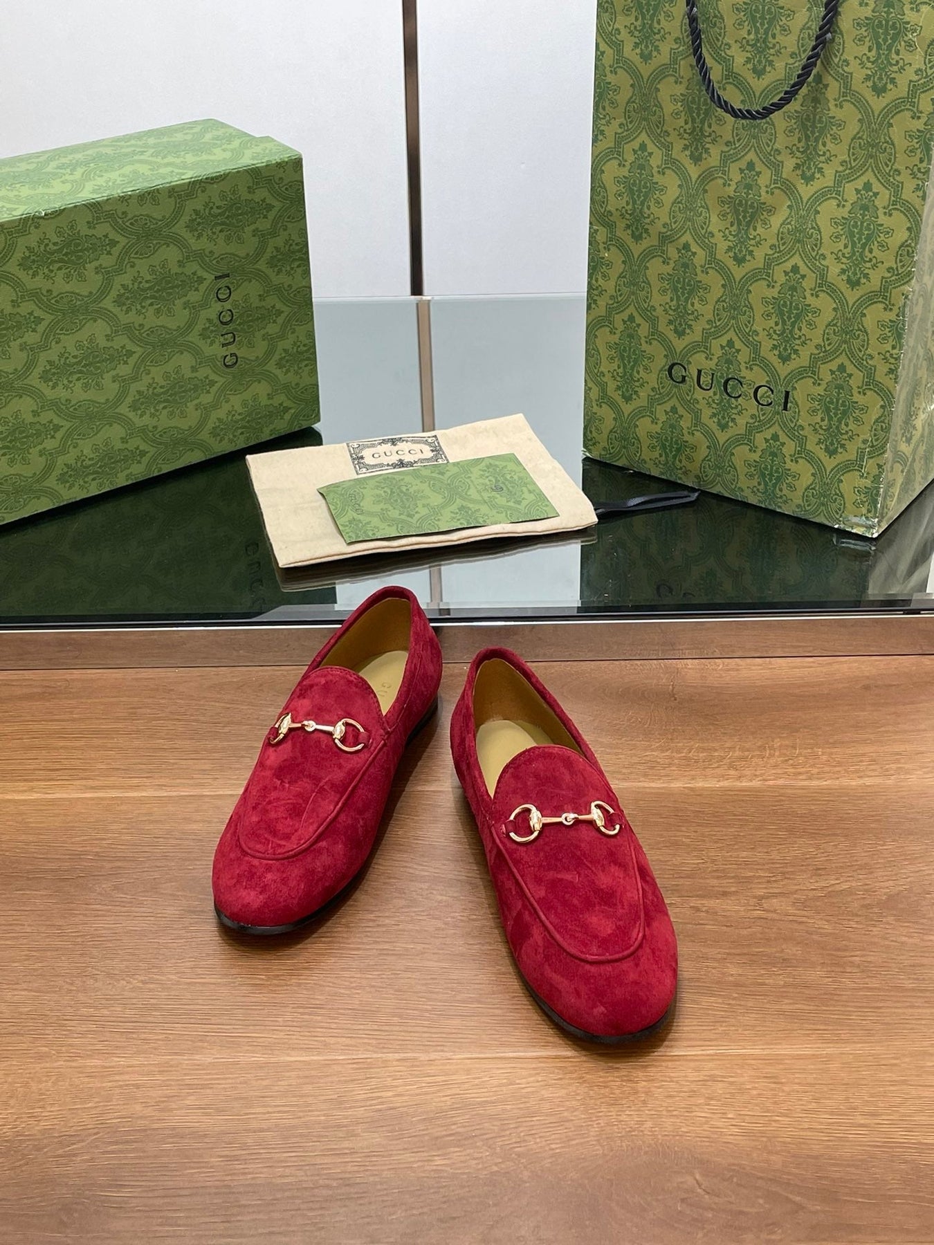 HORSEBIT LOAFER IN CHERRY RED SUEDE WITH GOLD HARDWARE
