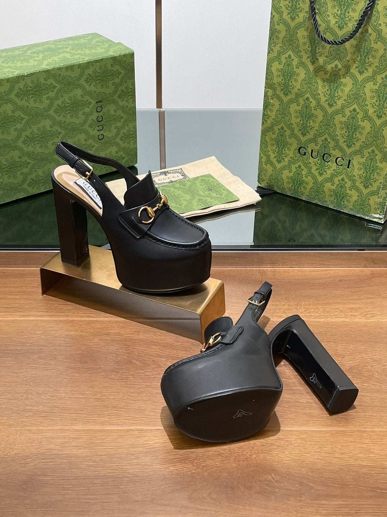 GG WOMEN'S HORSEBIT PLATFORM LOAFER SLINGBACK IN BLACK CALFSKIN