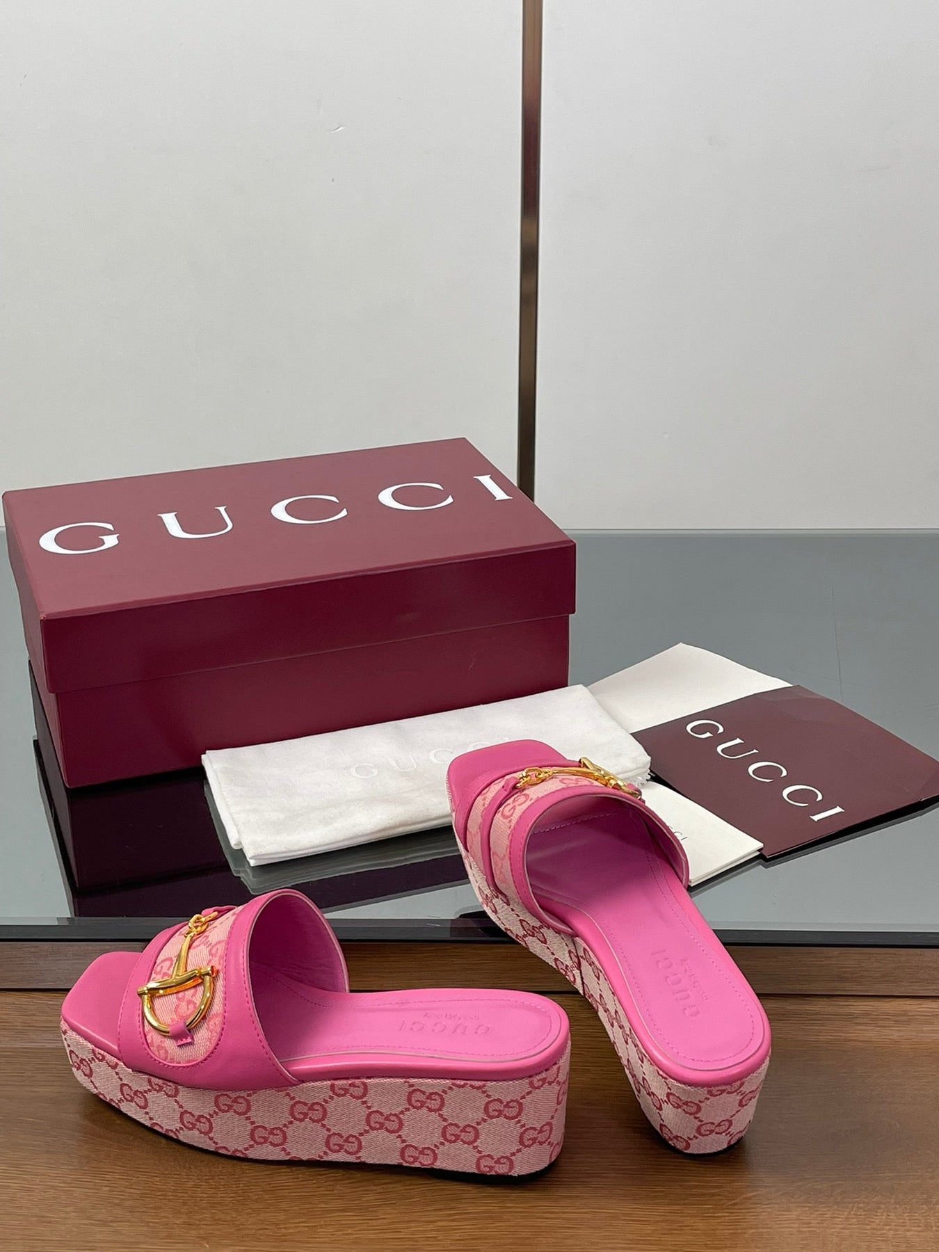 HIGH 6.3 CM WEDGE SANDALS IN PINK CALFSKIN AND FABRIC