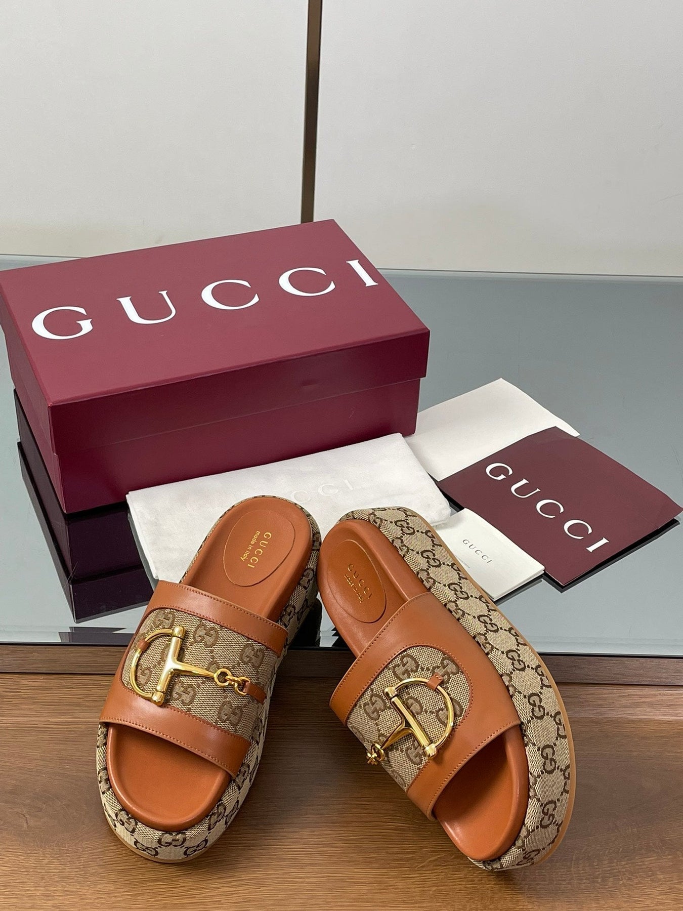 HIGH 5.5 CM WEDGE SANDALS IN BURNT BROWN MIX BEIGE CALFSKIN AND FABRIC