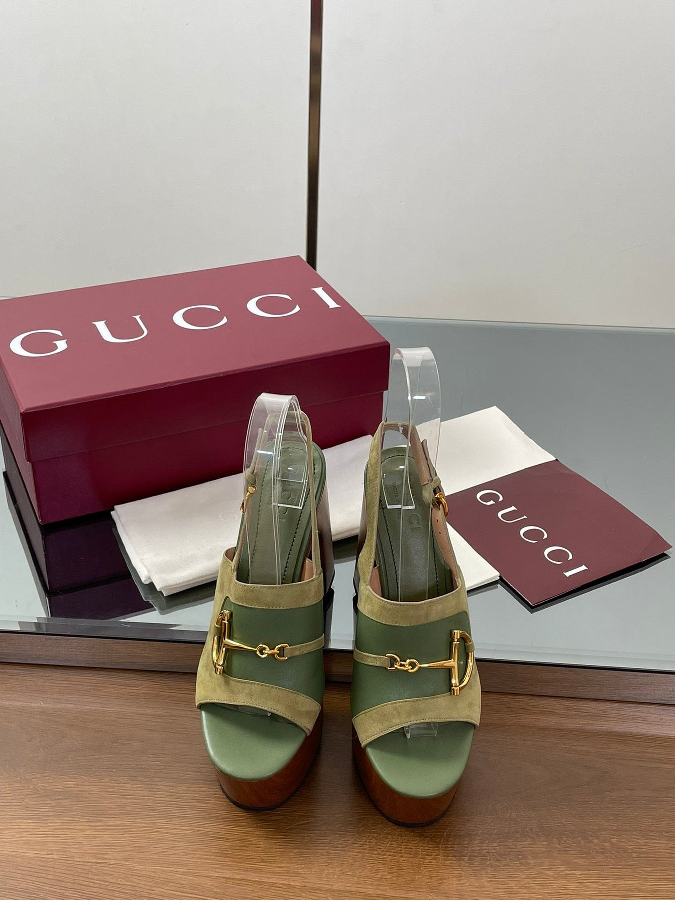 HIGH HEEL SANDALS 13 CM IN MOSS GREEN CALFSKIN MIX SUEDUE GOLD HARDWARE