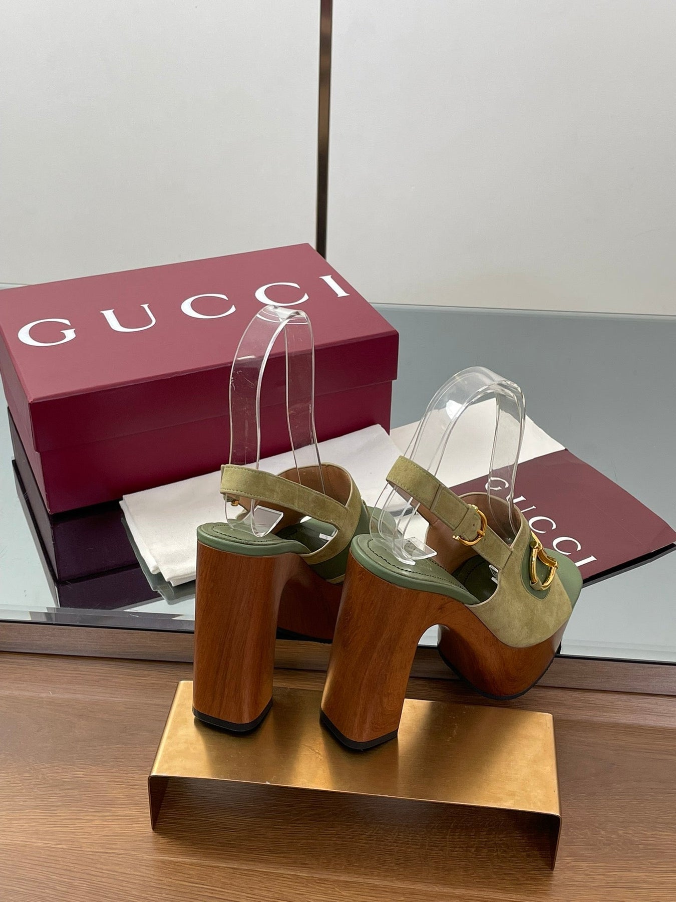 HIGH HEEL SANDALS 13 CM IN MOSS GREEN CALFSKIN MIX SUEDUE GOLD HARDWARE