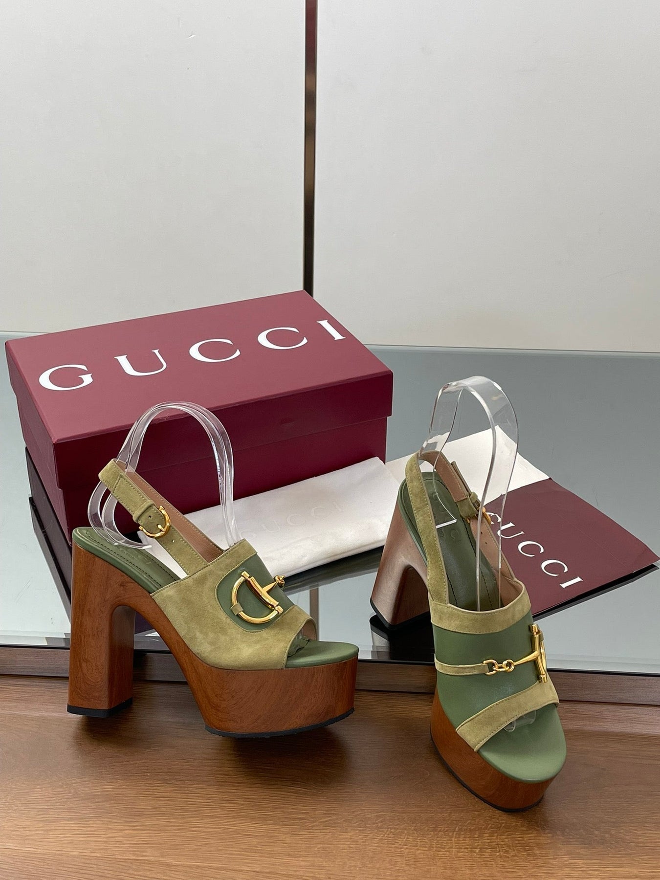 HIGH HEEL SANDALS 13 CM IN MOSS GREEN CALFSKIN MIX SUEDUE GOLD HARDWARE