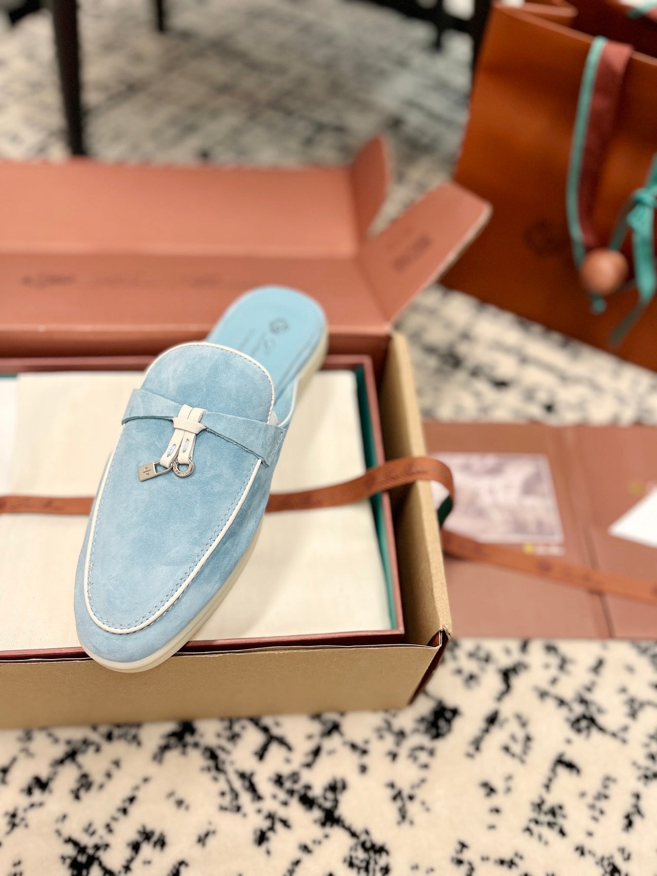 Loro Piana Blue Sky White Suede Charms Walk Flat Mules